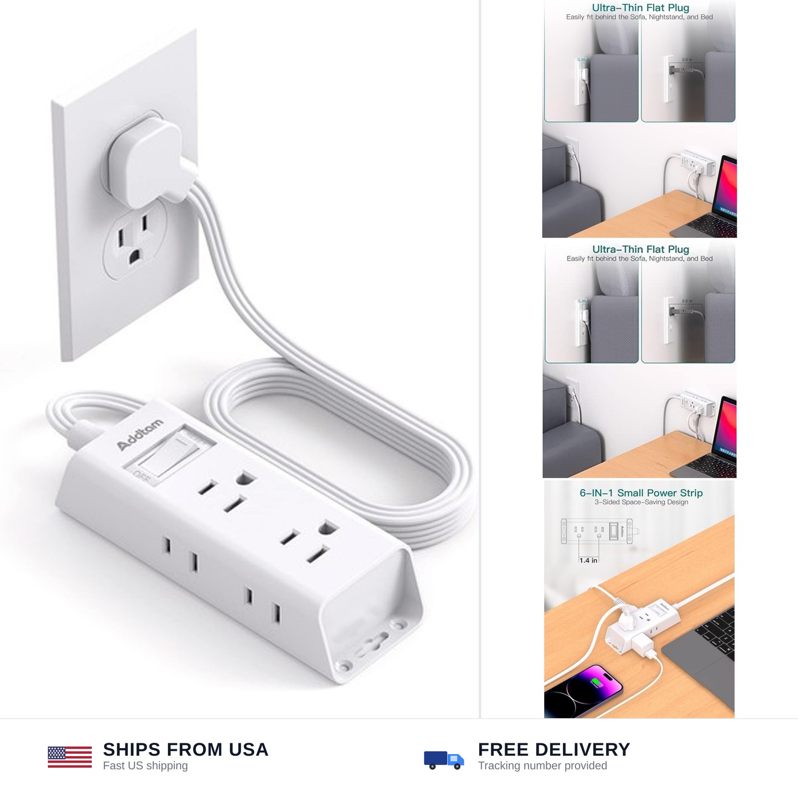 Cruise Essentials - Flat Plug Power Strip, Addtam 5 ft Ultra Flat Extension C...