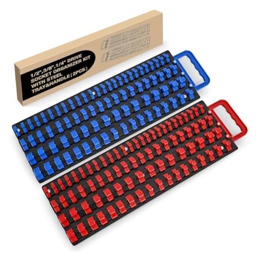 Socket Organizer Tray 1/4 inch 3/8 inch 1/2 2 Set Tray 1/4"3/8"1/2" Blue Red