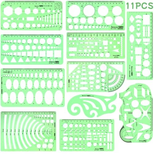 11PCS Geometric Drawings Templates, Drafting Stencils Measuring Tools,
