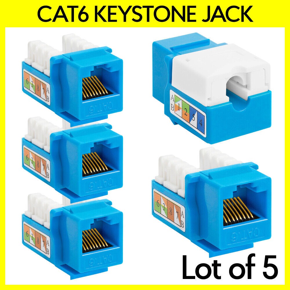 5 Pack Cat6 RJ45 Keystone Jack 8P8C Ethernet Connector 110 Punchdown Type Blue