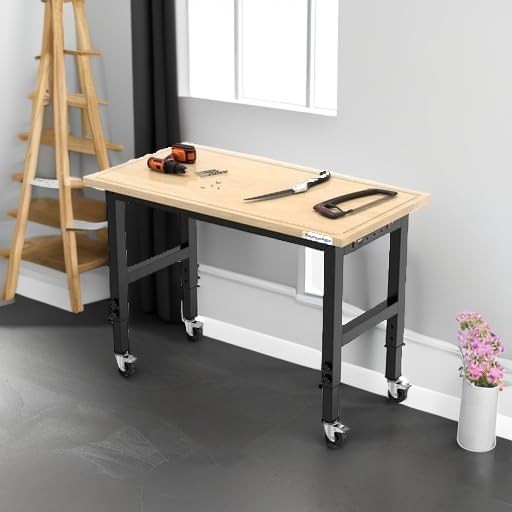 Versatile 48" Rubber Wood Workbench with Adjustable Height & Mobility Wheels