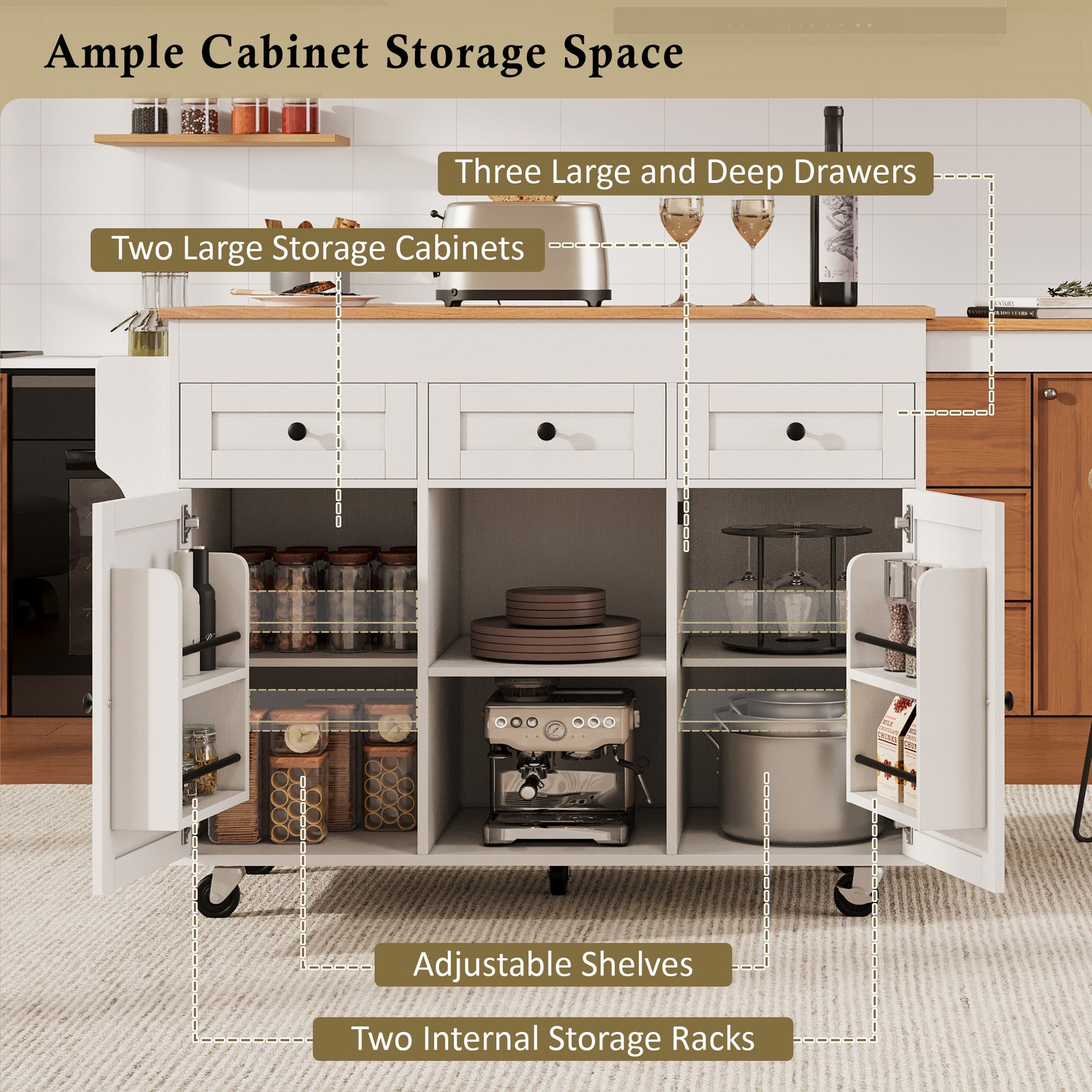 White Kitchen Island with Extendable Dining Table, 3 Drawers, 2 Doors, 85.5"