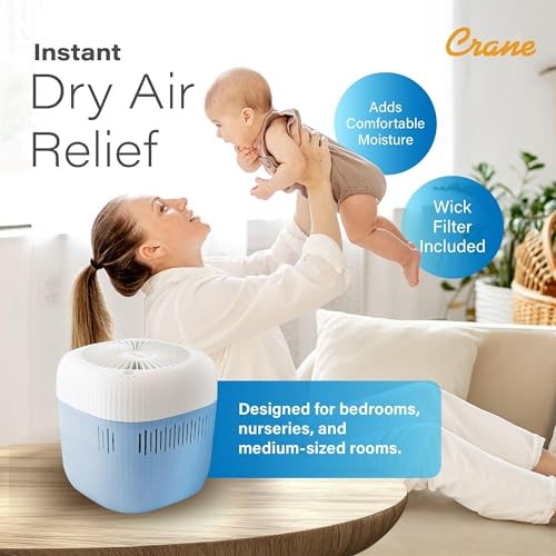 Evaporative Humidifier, Wick Filter, Dishwasher Safe Tank, UV Light, No White
