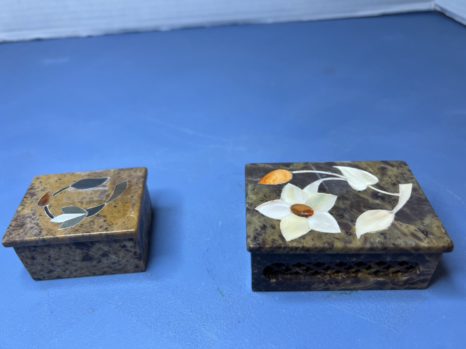 TWO Soapstone Trinket Boxes Hand Carved Mother Of Pearl Inlay