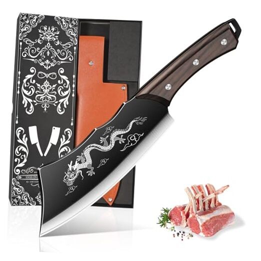 8 Inch Meat Cleaver Knife, High Carbon Steel Dragon Butcher Knife with Black