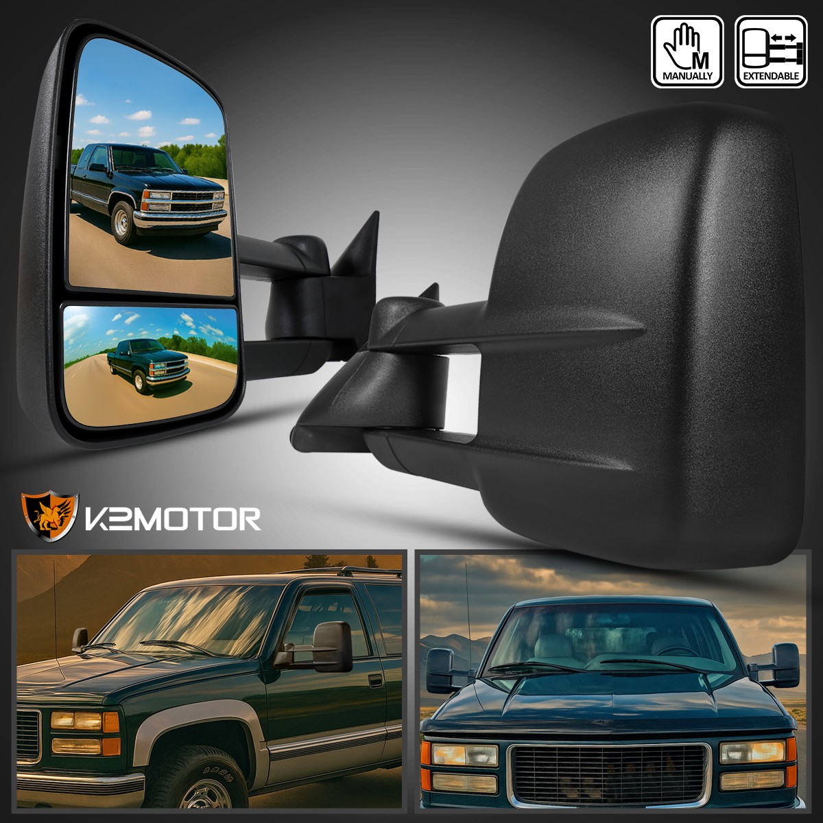 Fits 1988-1998 Chevy GMC C/K 1500 2500 1992-1999 GMC Tahoe Manual Towing Mirrors