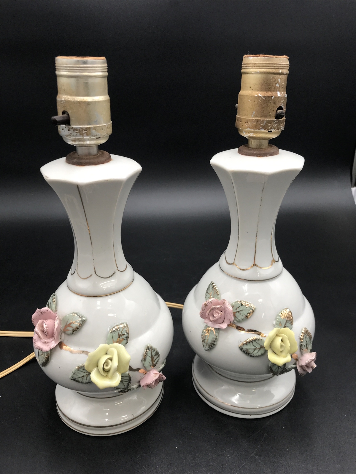PAIR Capodimonte Style Vanity Lamp White Pink/yellowFlowers Gold Trim. Vintage.