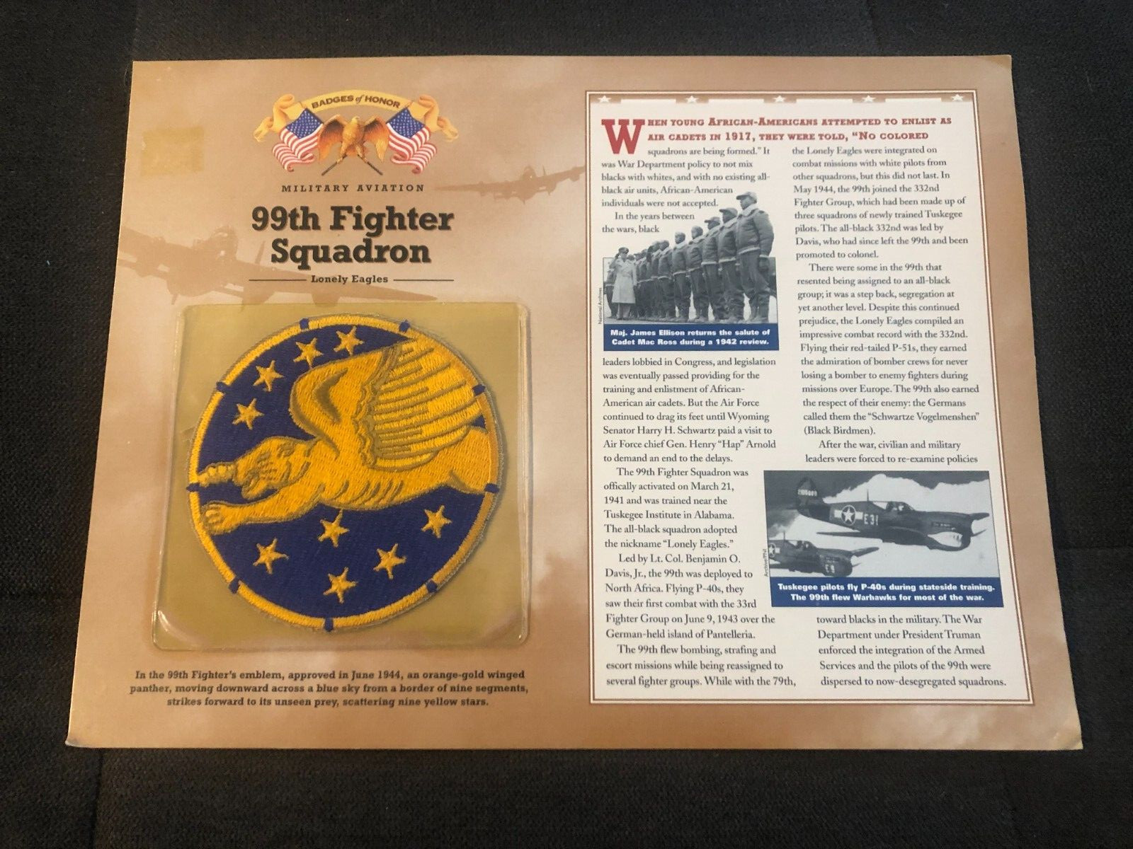 Badges of Honor 99th Fighter Squadron lonely eagle Patch & History info  on Card