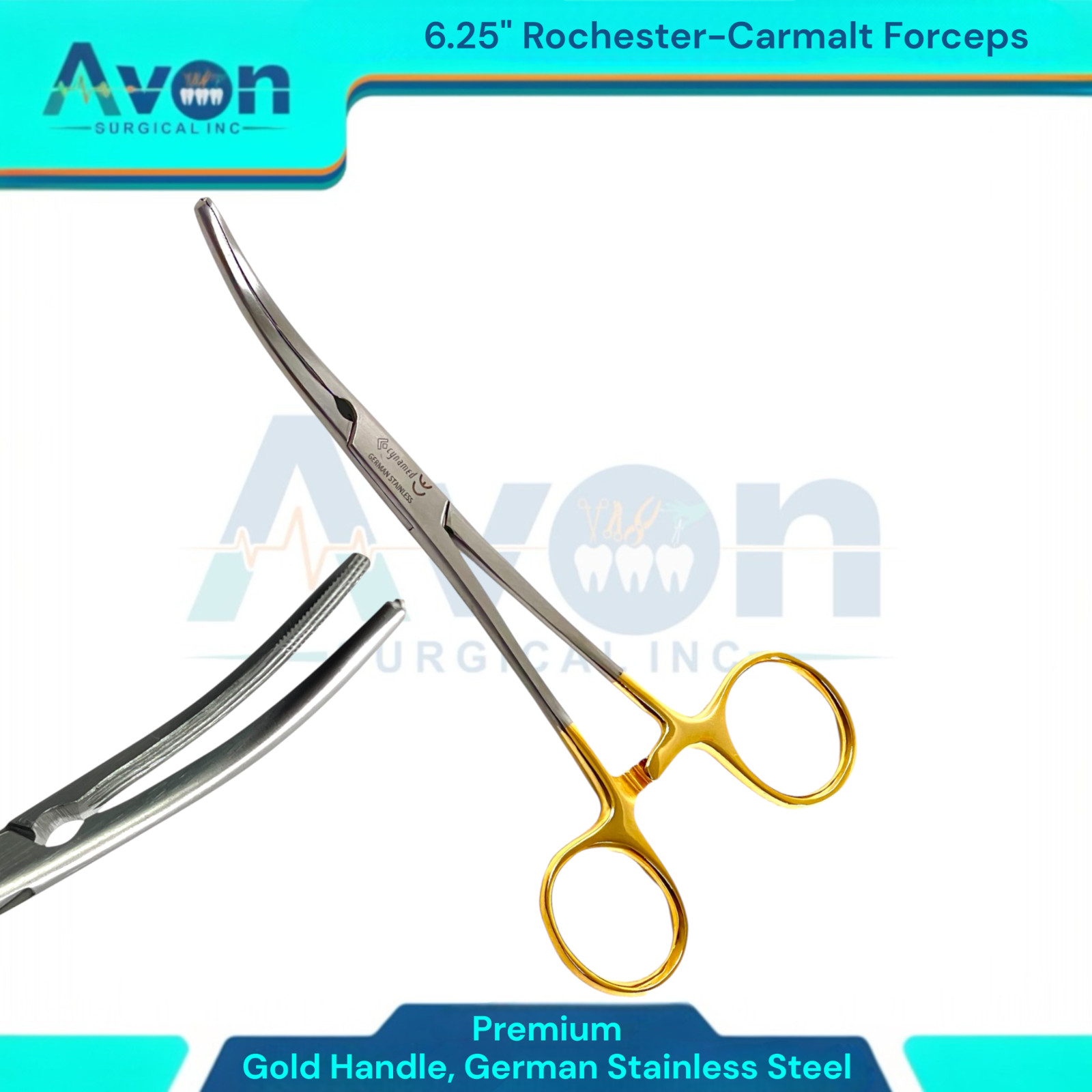 1 Each - Rochester Carmalt Forceps 6.25in Curved w/ Gold Rings -German Stainless