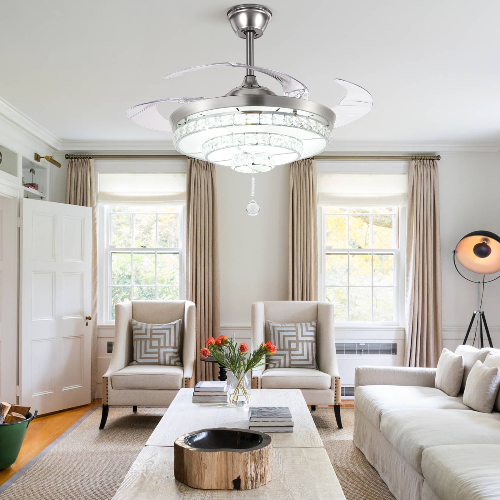 42" Silver Ceiling Fan Light Remote Blades Crystal Shade Adjustable Download