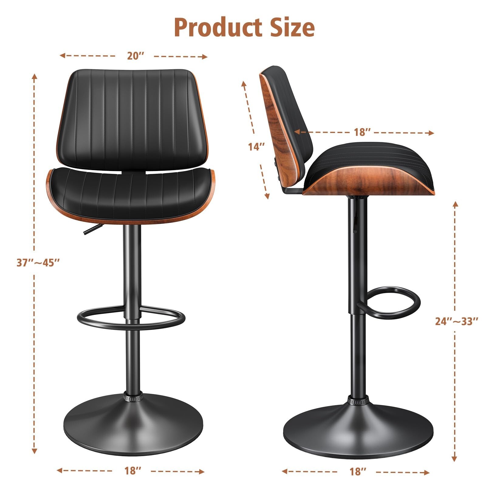 Pre-Owned Bar Stools Set of 2 Swivel Adjustable w/PU Leather Back Kitchen Black