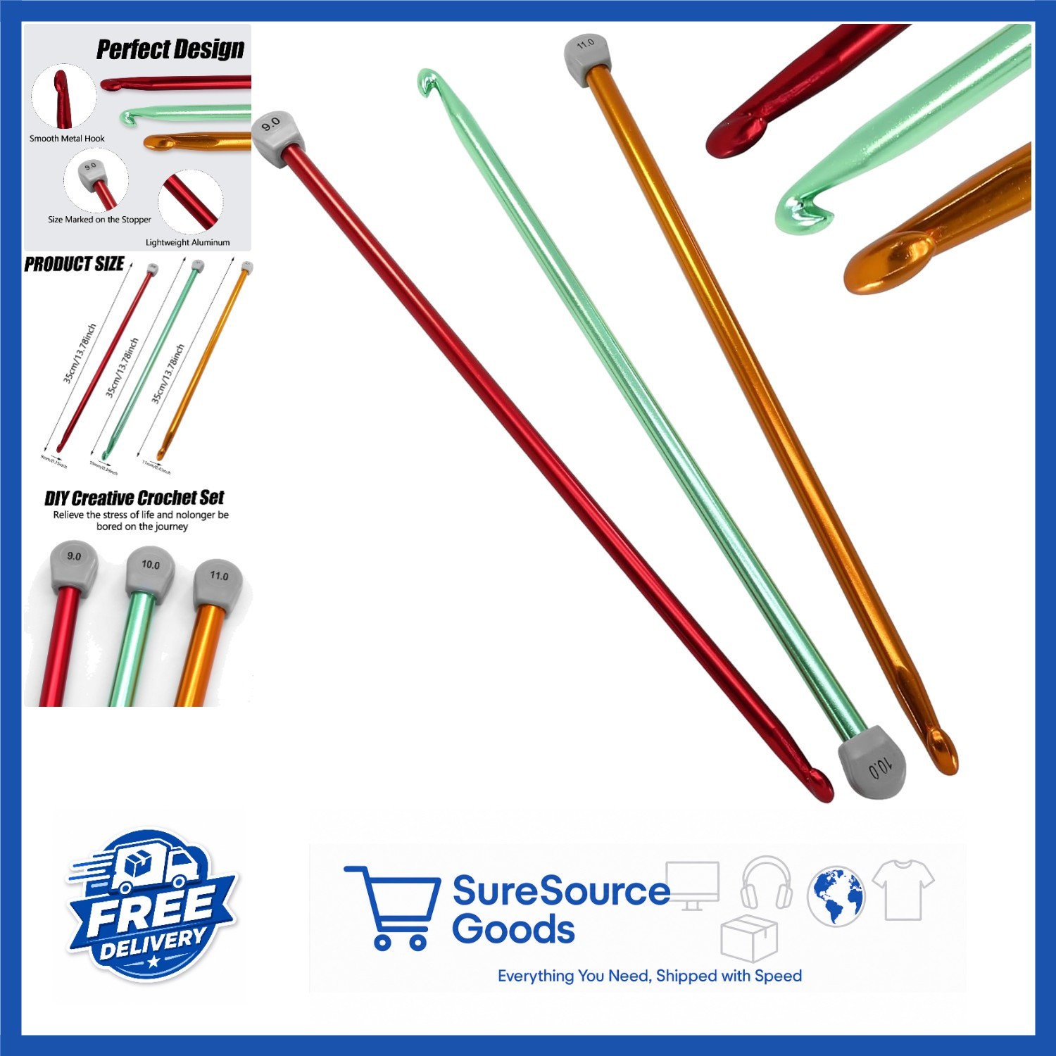 Aluminum Tunisian Crochet Hooks Set 3 Sizes 9mm 10mm 11mm for Crocheting
