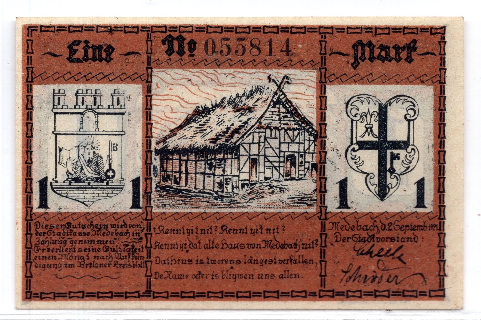 1921 Germany Medebach Notgeld 1 Mark Note (3429)
