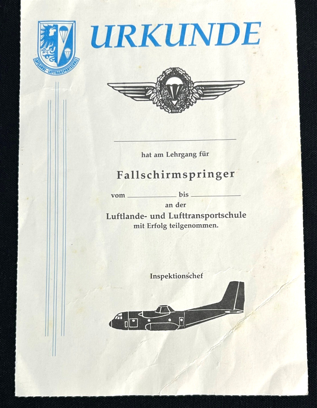 West German Paratrooper Airborne & Air Transport School Unused Certificate