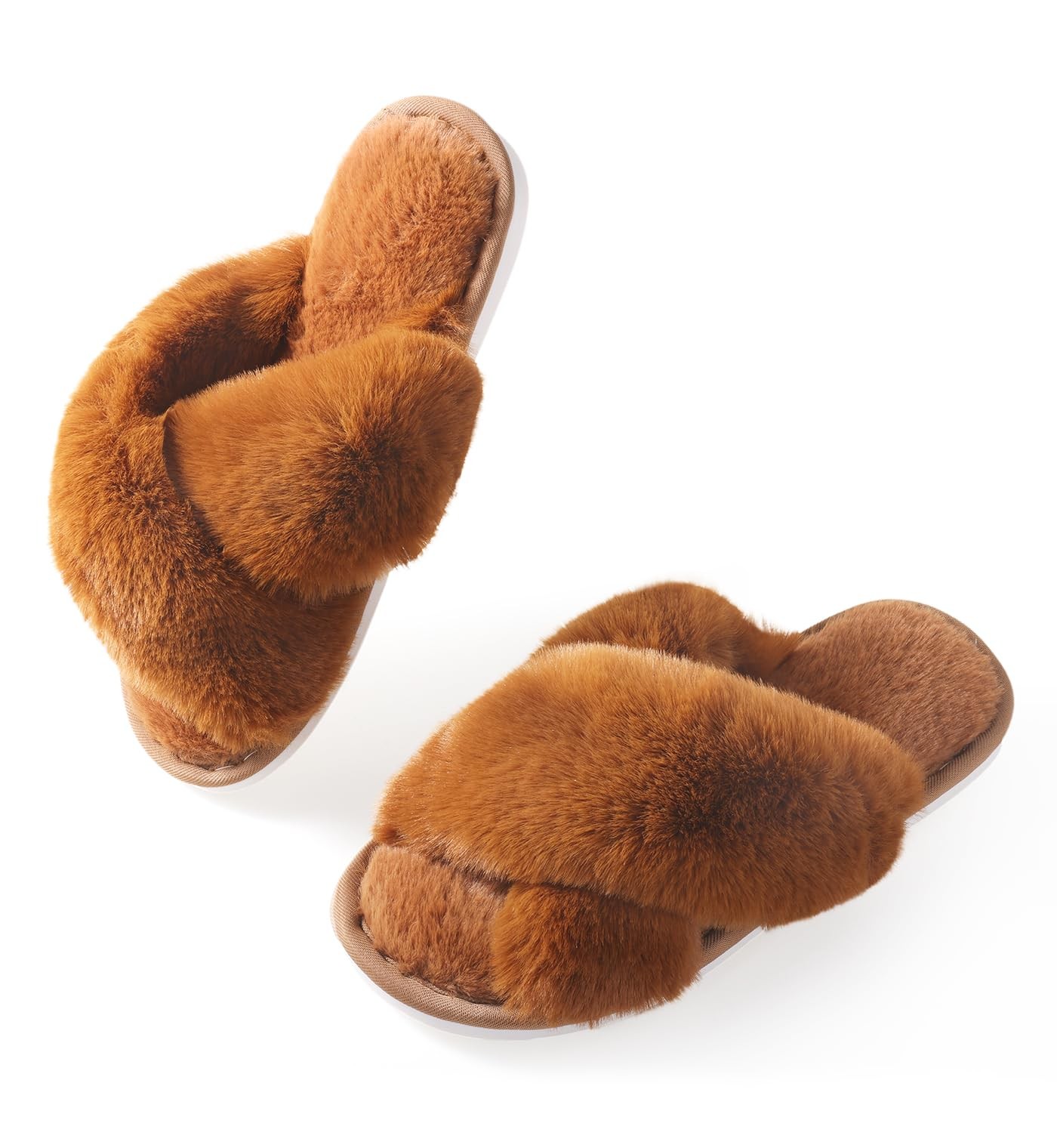 Ankis Womens Brown Fuzzy Slippers Memory Foam Cross Band Cozy House Slippers ...