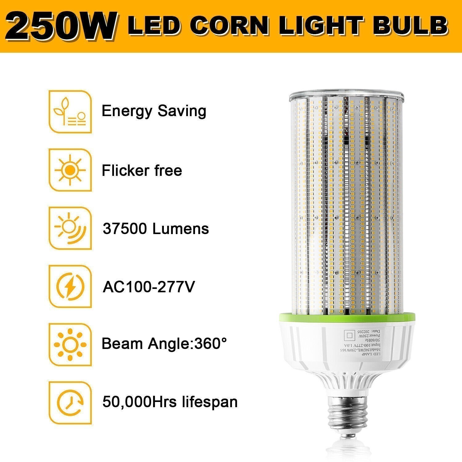 12Pack 250W LED Corn Light Bulb 5000K E39 Base, Warehouse Workshop High Bay Lamp