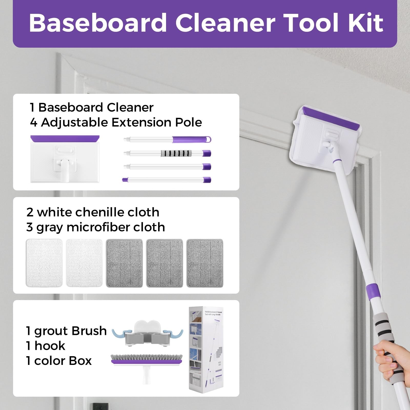 Baseboard Cleaner Tool with Handle 2.0, 60" Extendable Long Handle, Dust Trap...