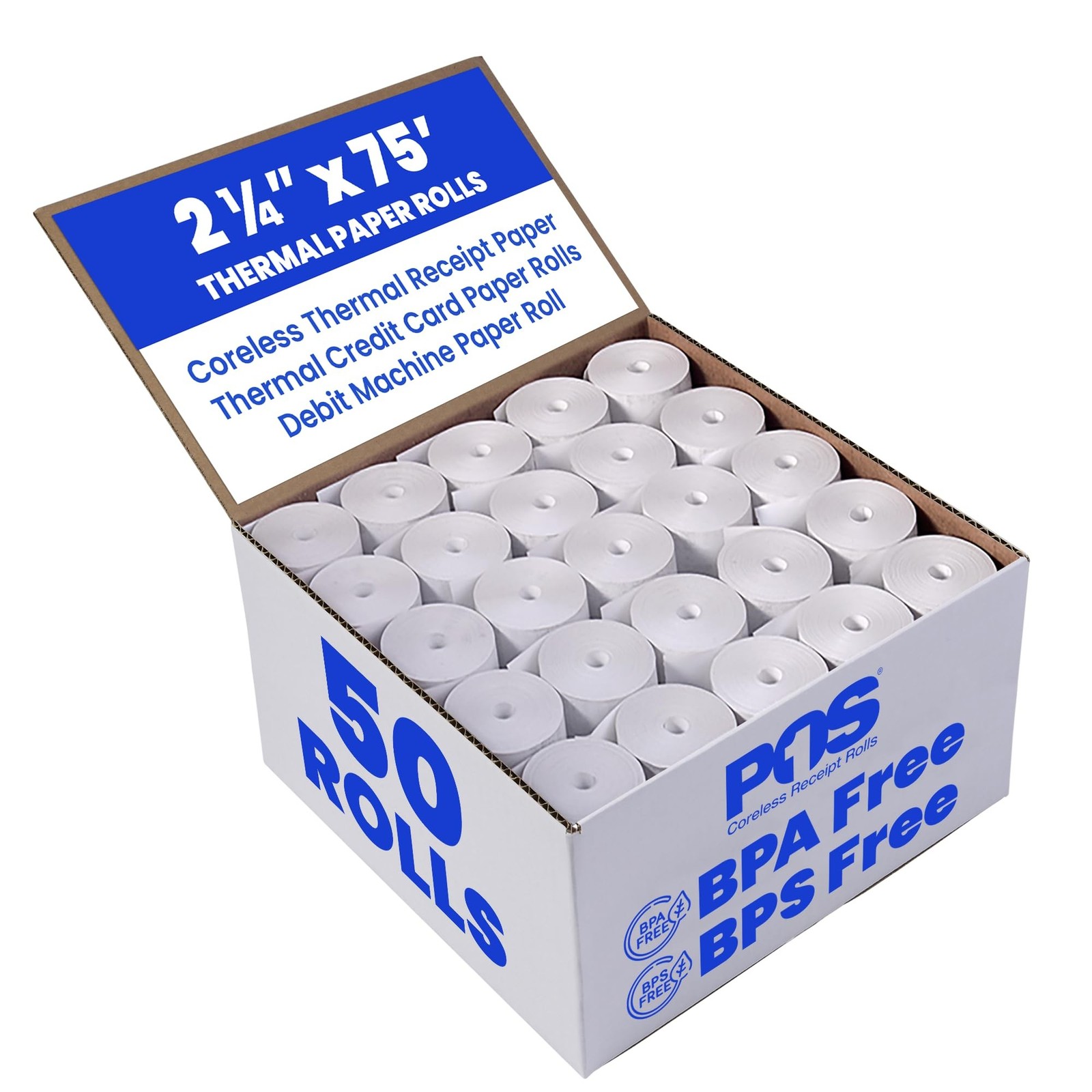 2 1/4 x 75 feet x 50 rolls CORELESS BPA Free Thermal Paper Rolls for Handheld...