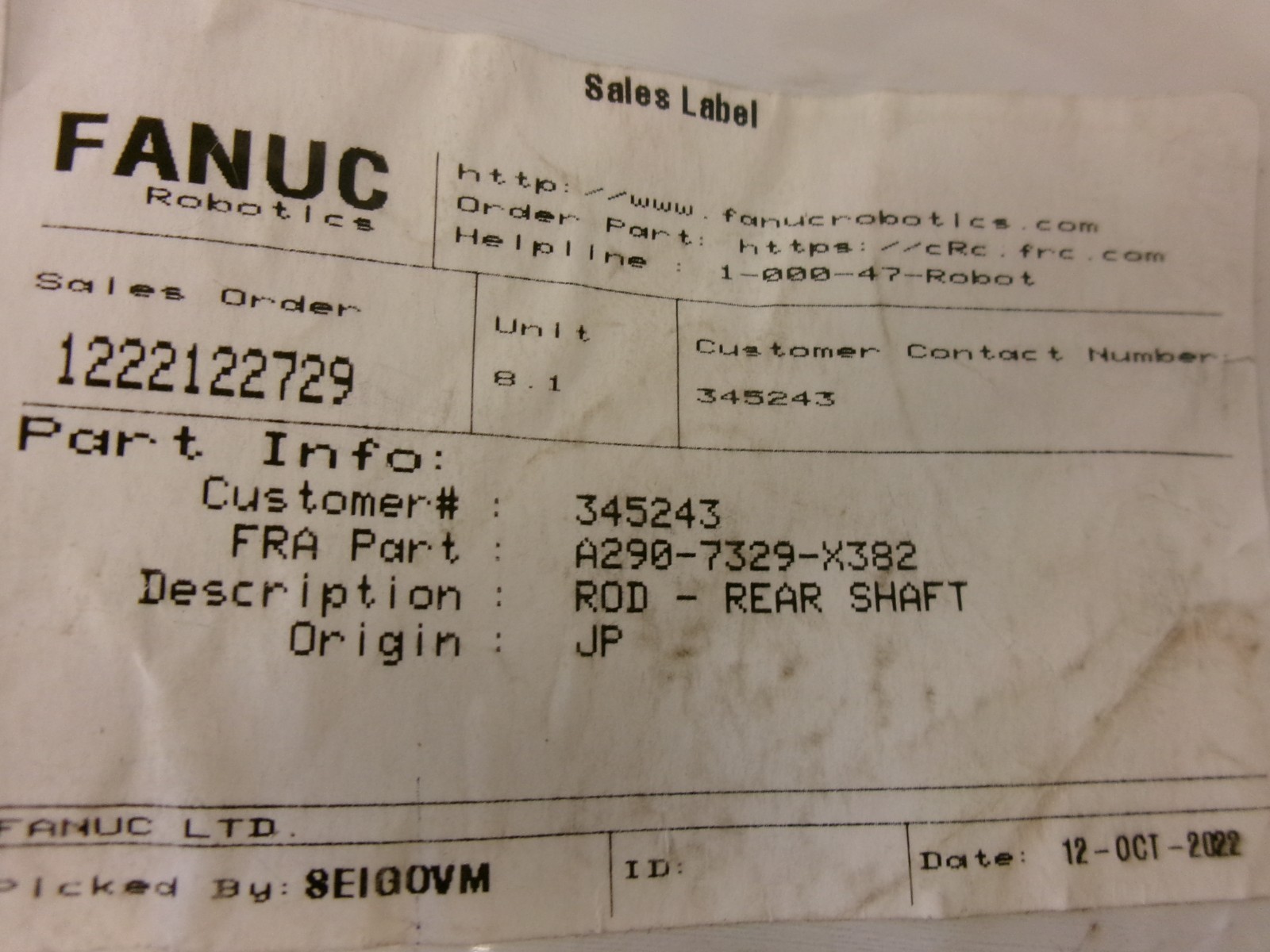 Fanuc A290-7329-X382 Rear Shaft Rod (R-2000 Balancer Component)