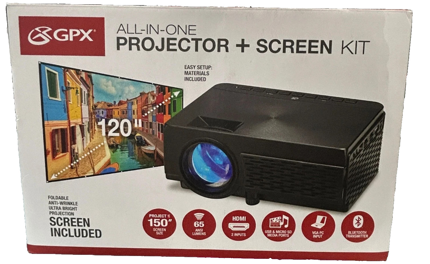 GPX All-In-One Projector With 120" Screen Kit HDMI & Bluetooth
