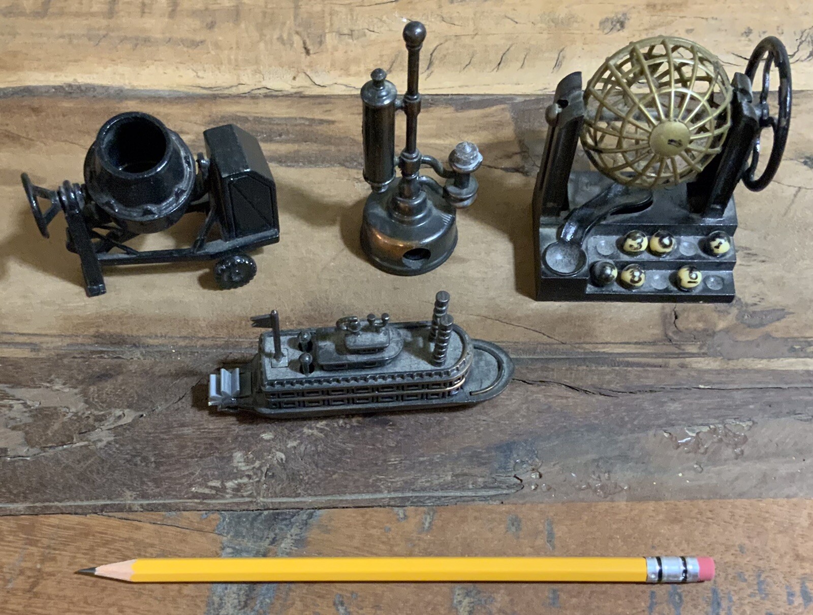 Miniature Die Cast Metal Pencil Sharpener Copper Finish Vintage Lot of 4