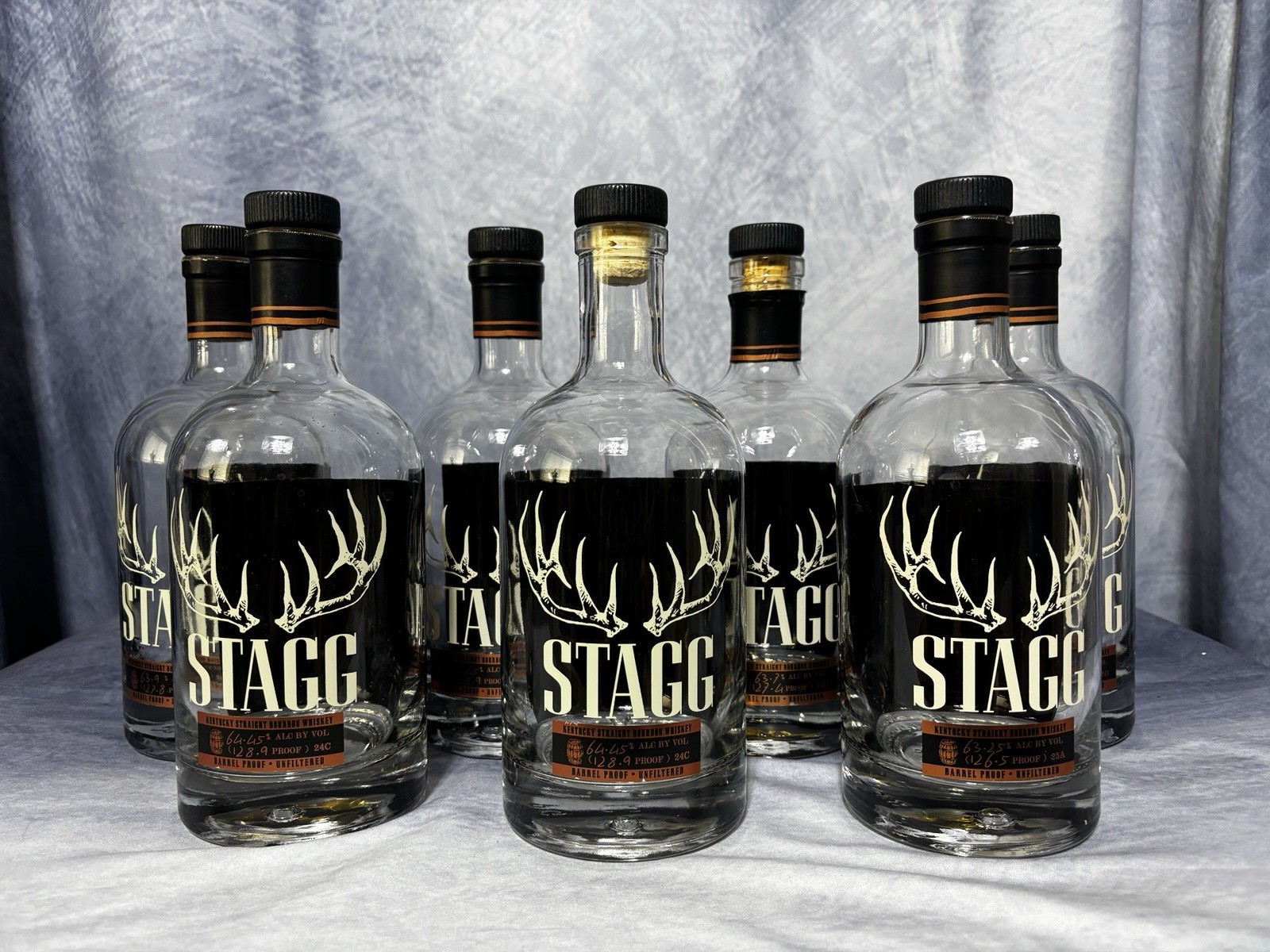 Stagg Barrel Proof Bourbon Whiskey  Lot of 7 Decorative Bottles Decanters