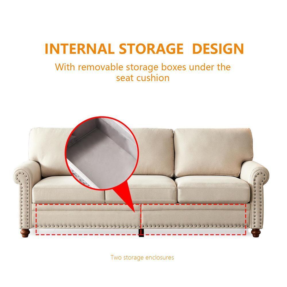 Easy Assembly Linen Fabric Upholstery with Storage Sofa Beige Furniture