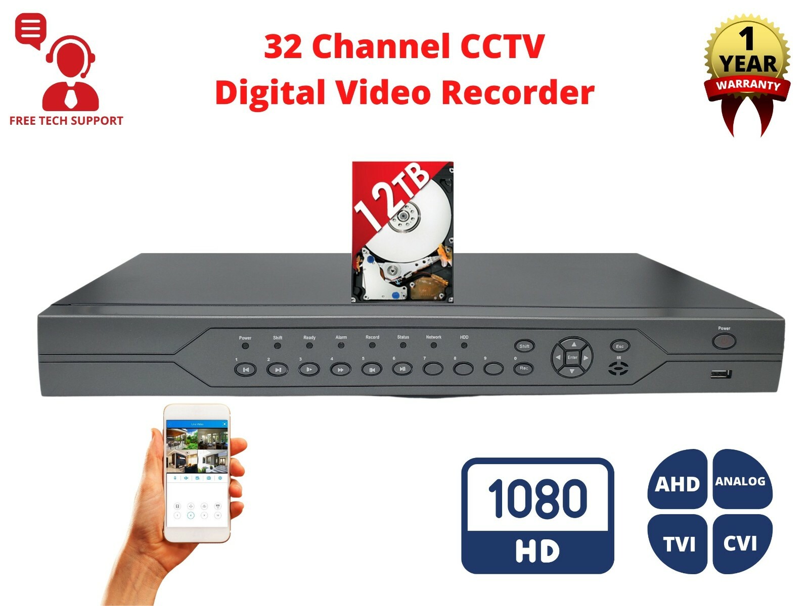 Evertech 32 Channel H.265 AHD TVI CVI and Analog DVR Digital Recorder 12TB HDD