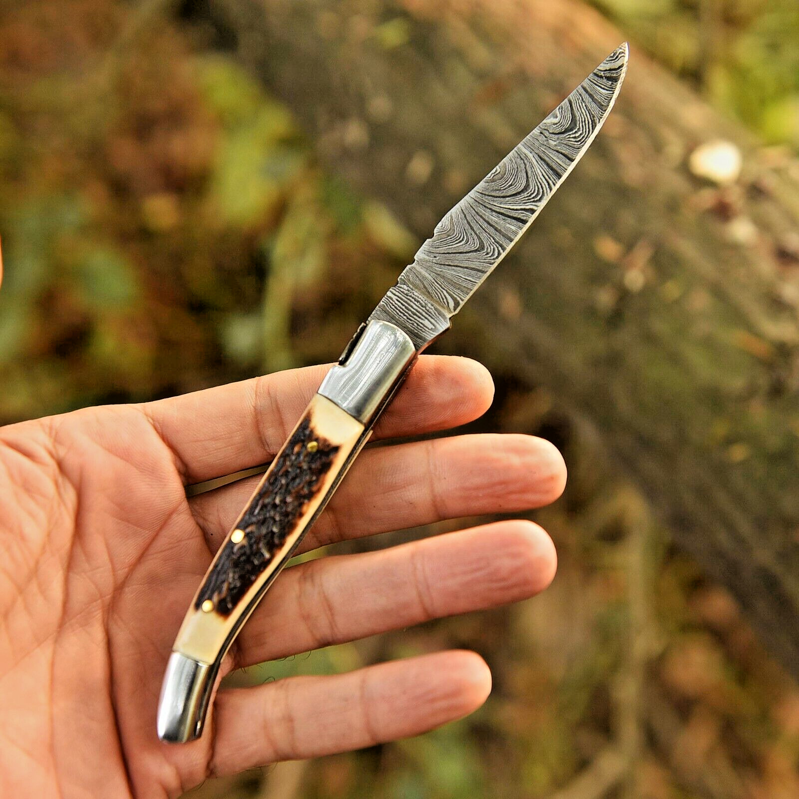 Handmade Toothpick Pocket Knife folding Blade-Original Stag Antler Handle
