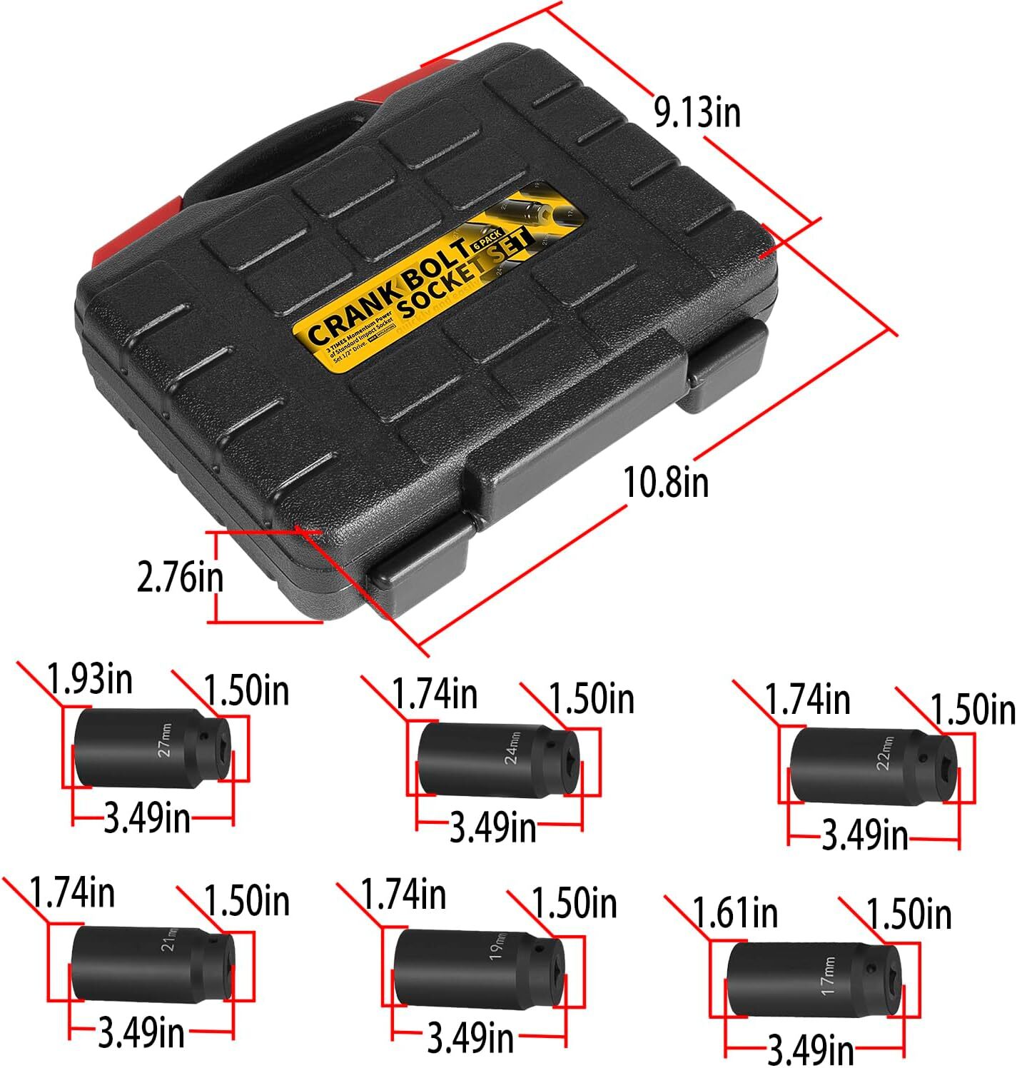 1/2’’ Drive Weighted Crank Bolt Socket Set, 17MM, 19MM, 21MM, 22MM, 24MM, 27MM
