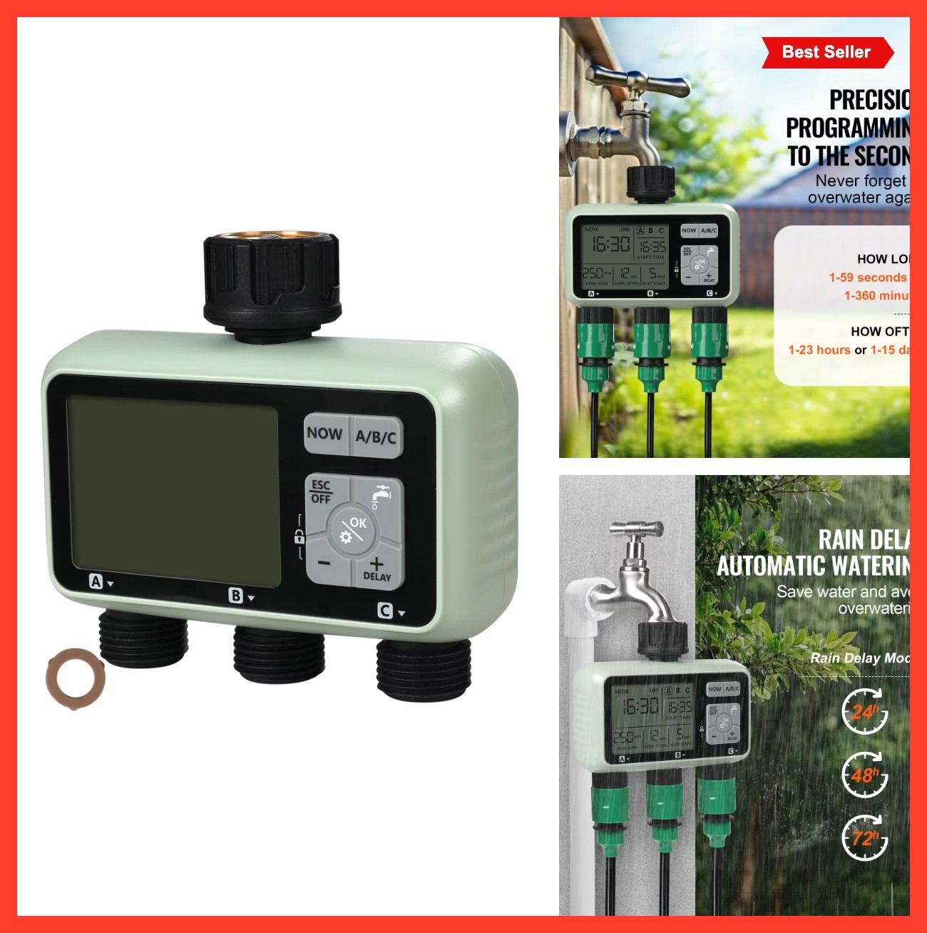 Water Timer 3 Outlets Hose Sprinkler Timer LCD Display Rain Delay Manual Mode