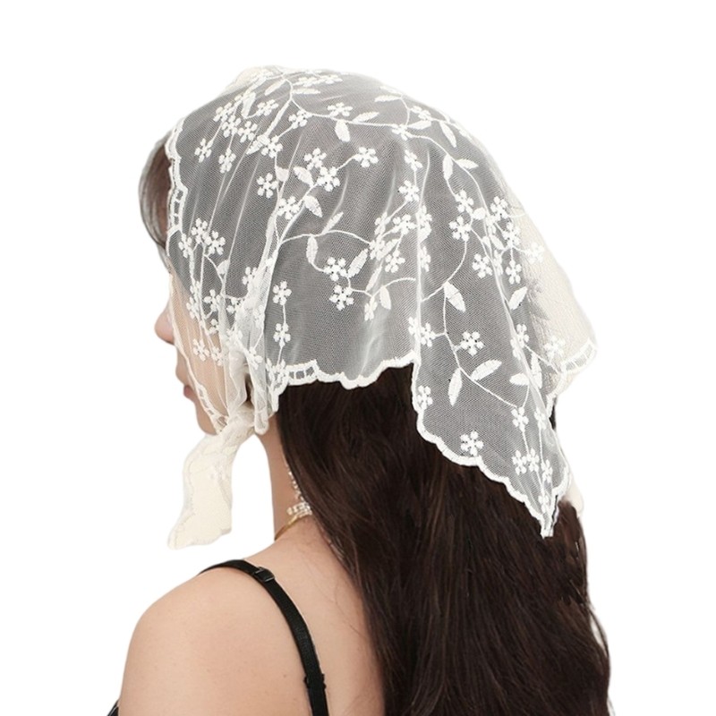 French Lace Flower Bandana Triangular Head Scarf Comfortable Headwrap for Female