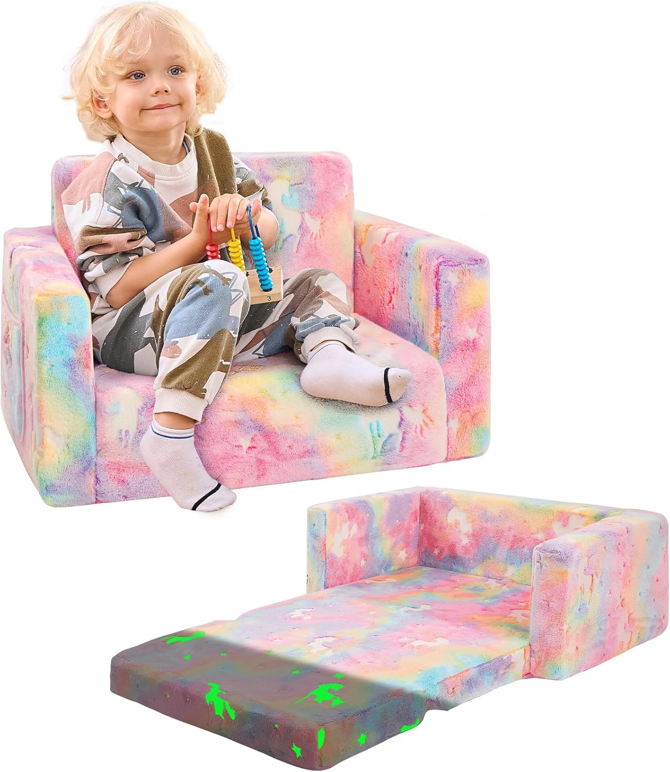 Unicorn Toddler Couch and Lounger - Soft Glow in the Dark Kids Sofa Bed