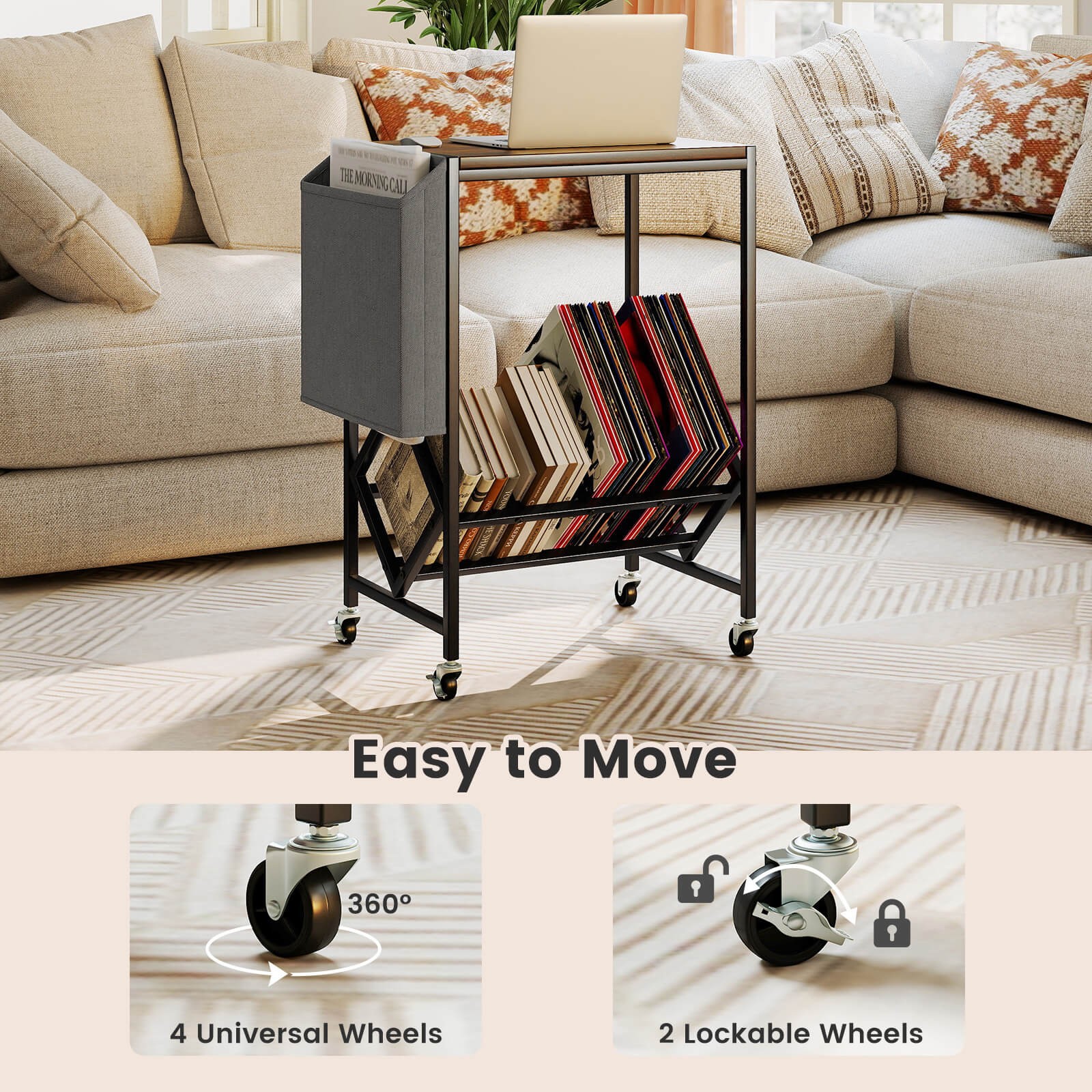 Record Player Stand w/Vinyl Record Storage & Side Storage Pouch, Swivel Wheels
