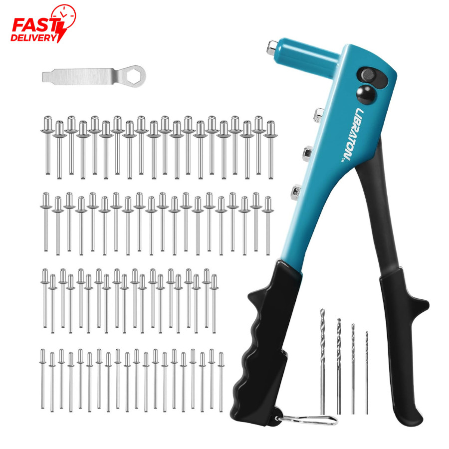 All-Steel Rivet Gun with Ergonomic Design - 80 Metal Rivets & 4 Heads Included