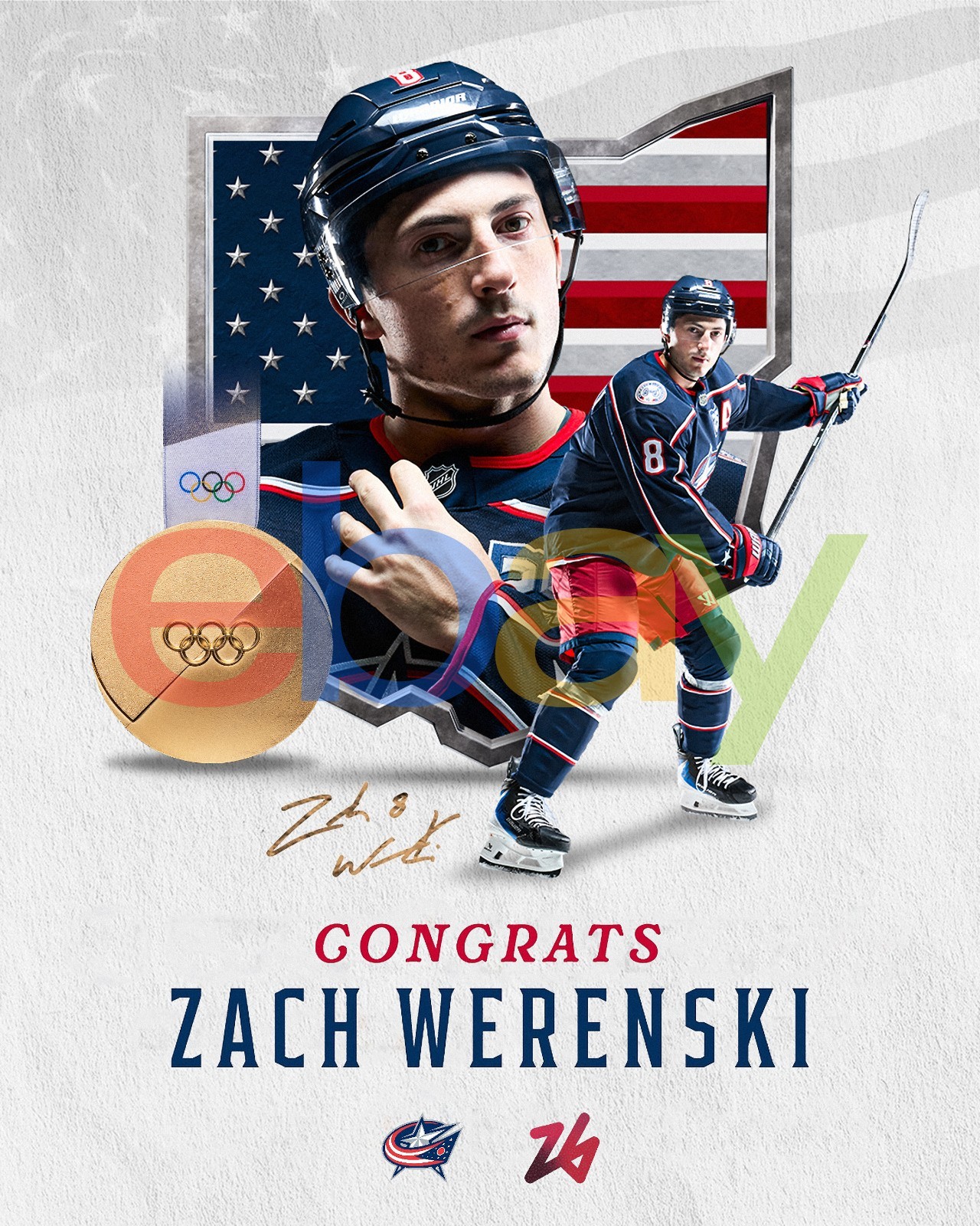 Zach Werenski 2026 Olympic Gold Collage USA Columbus Blue Jackets 8x10 NHL Photo