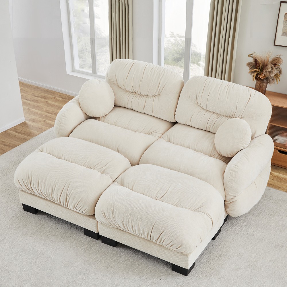 L-Shape Sectional Sofa, 2-Seater w/ Ottoman & Pillows, Beige Chenille Fabric