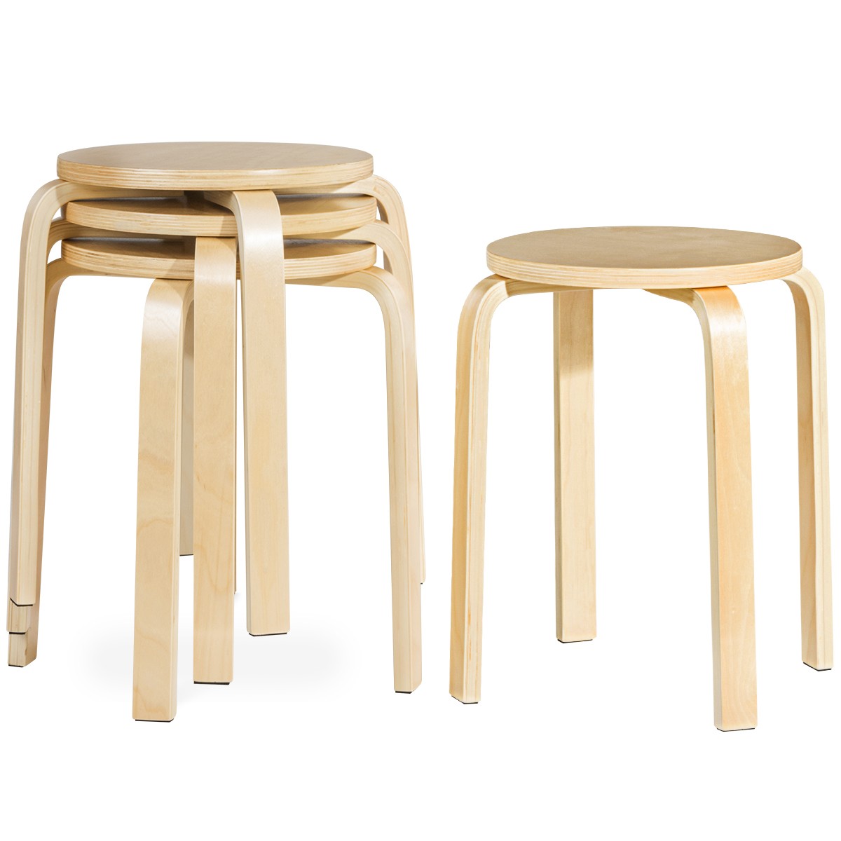 Topbuy 4-set Stacking Stool Birch Natural Wood 18" Round Dining Chair Backless
