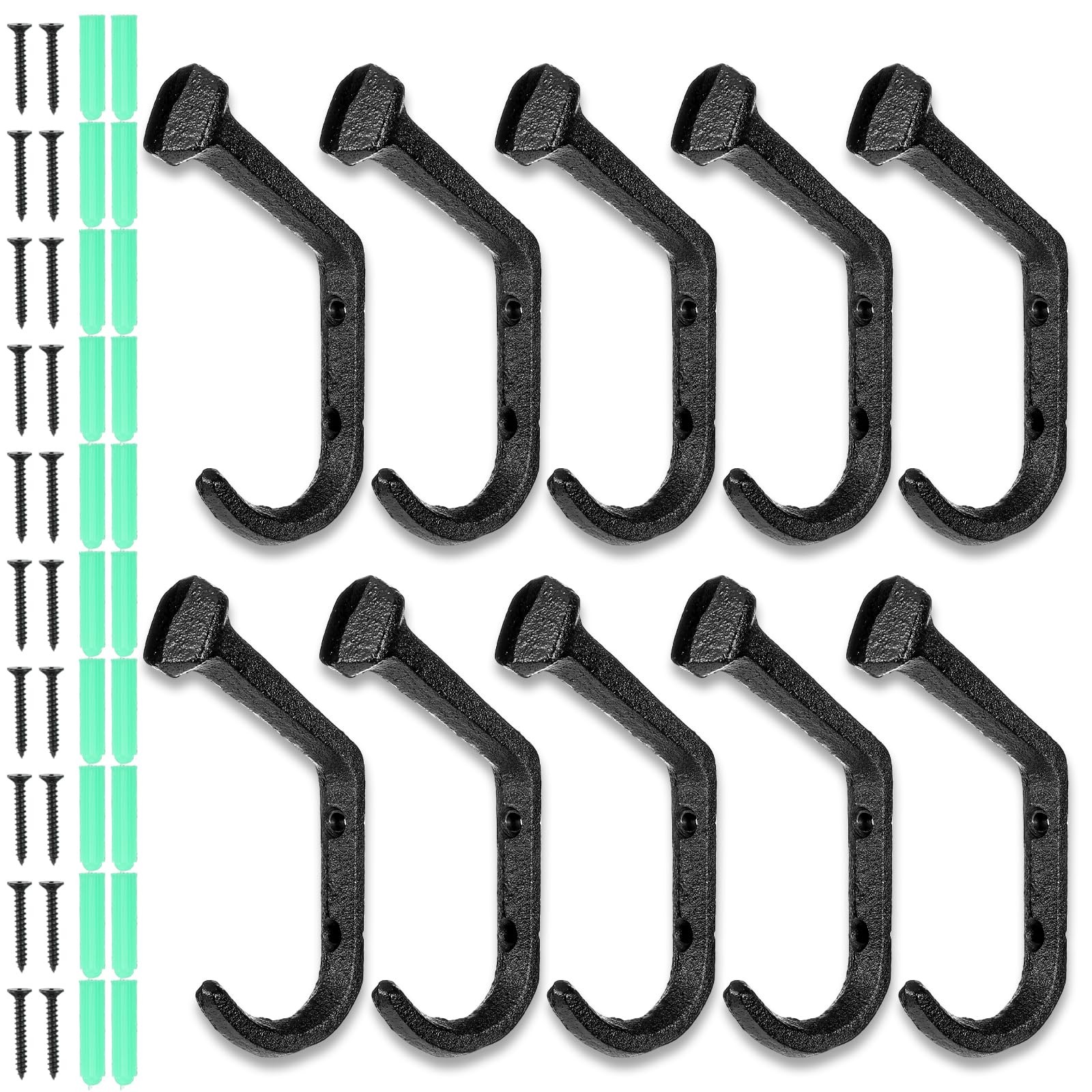 10 Pcs Rustic Cast Iron Hooks, Wall Mounted Vintage Railroad Spike Coat Hange...