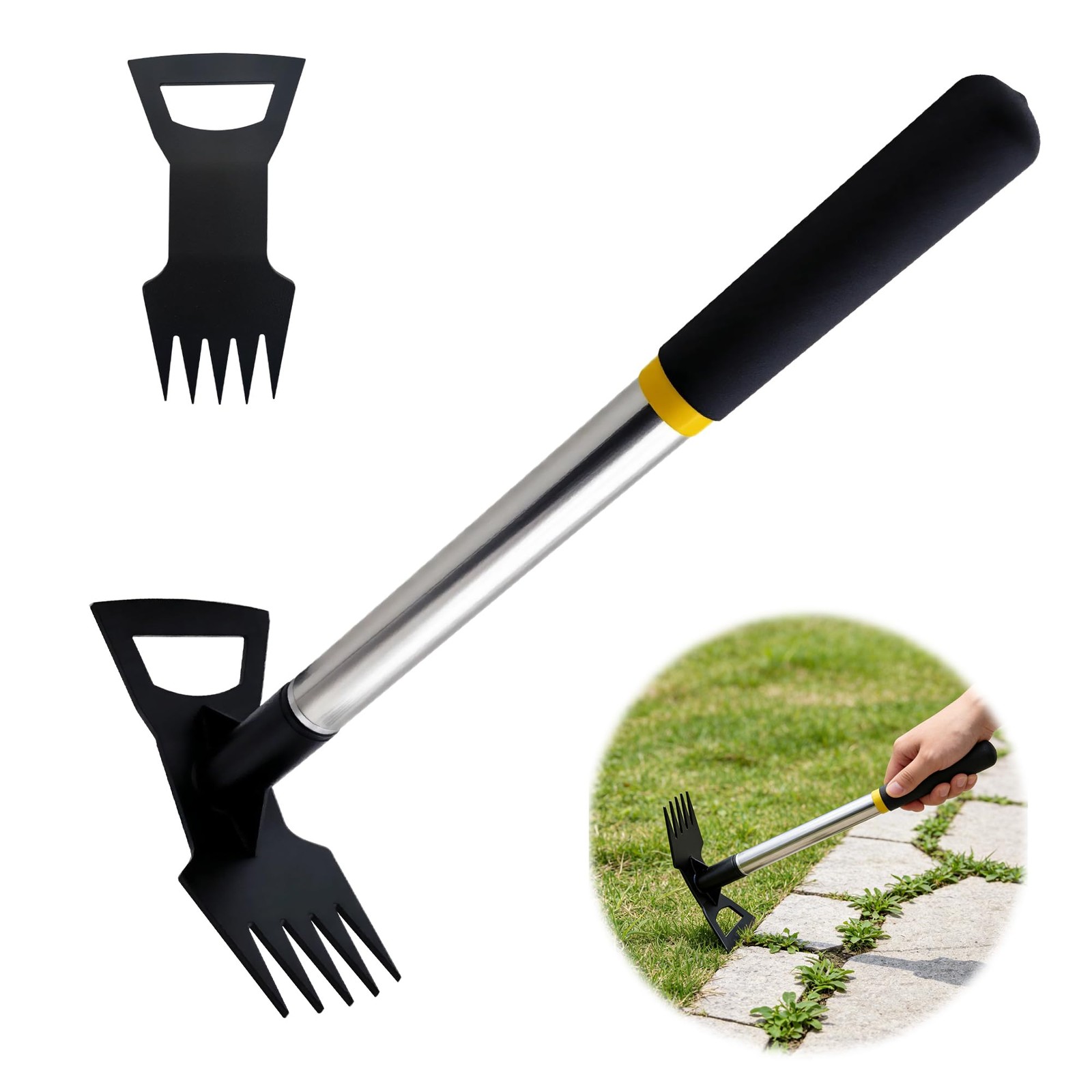 Weed Puller Tool, 2 in 1 Weeding Tools, 5-tooth short handle, Black