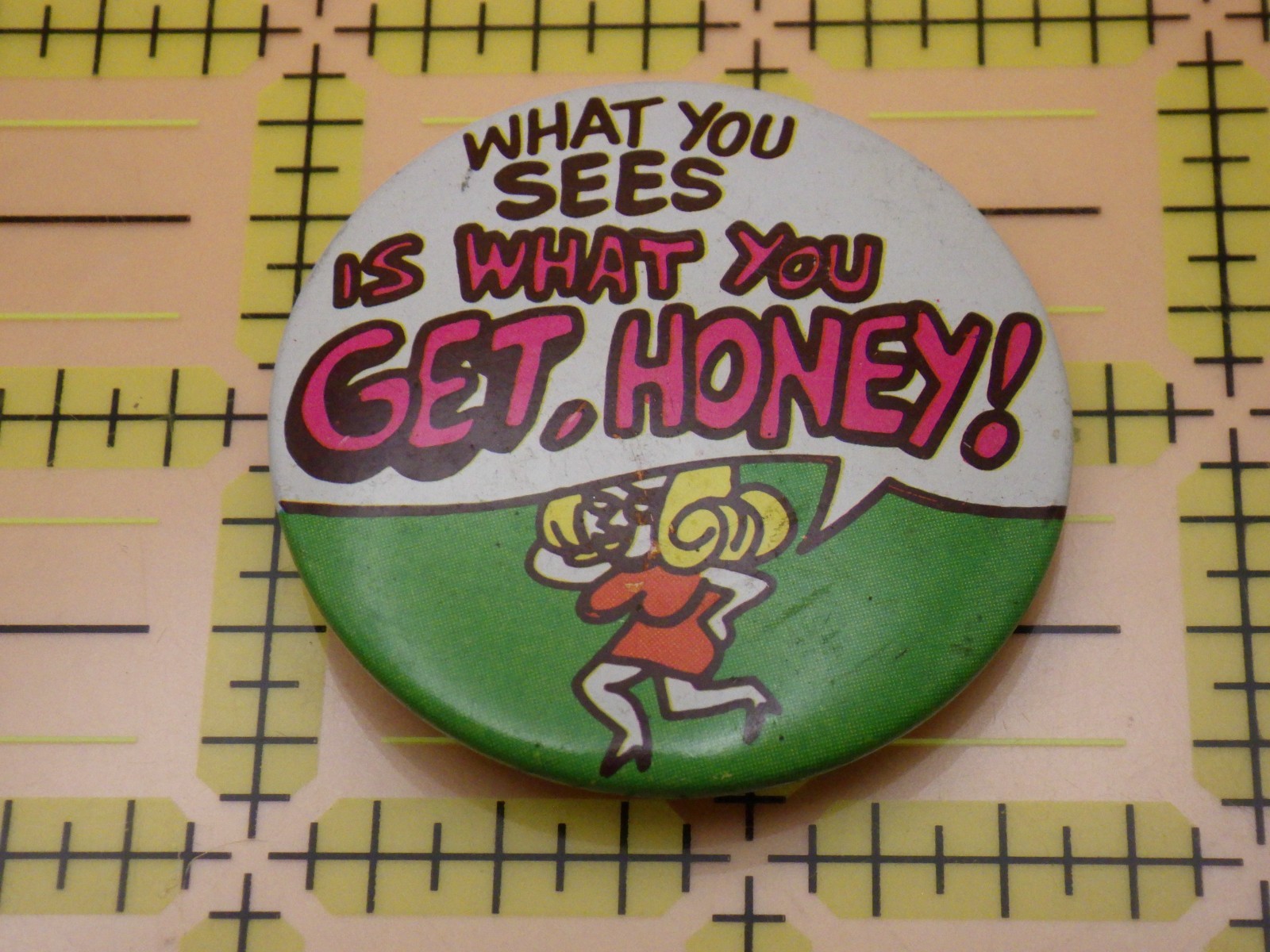 Vintage What You Sees Is What You Get Honey Pinback Button 1970s Novelty Comic