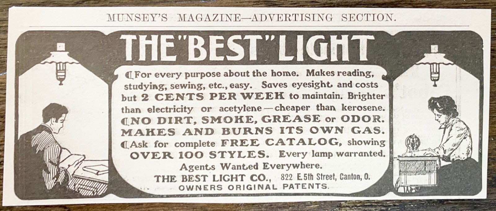 THE BEST LIGHT Co.Antique Lamp Sales Agents Wanted Canton,Ohio Vtg 1906 Print Ad