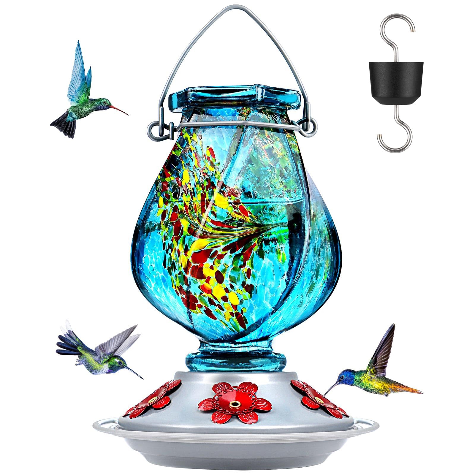BOLITE Hummingbird Feeder, Hand Blown Glass Feeders for Blue