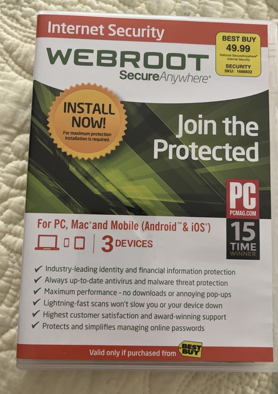 Webroot SecureAnywhere Internet Security 3 Devices 1 Year PC Mac Android New