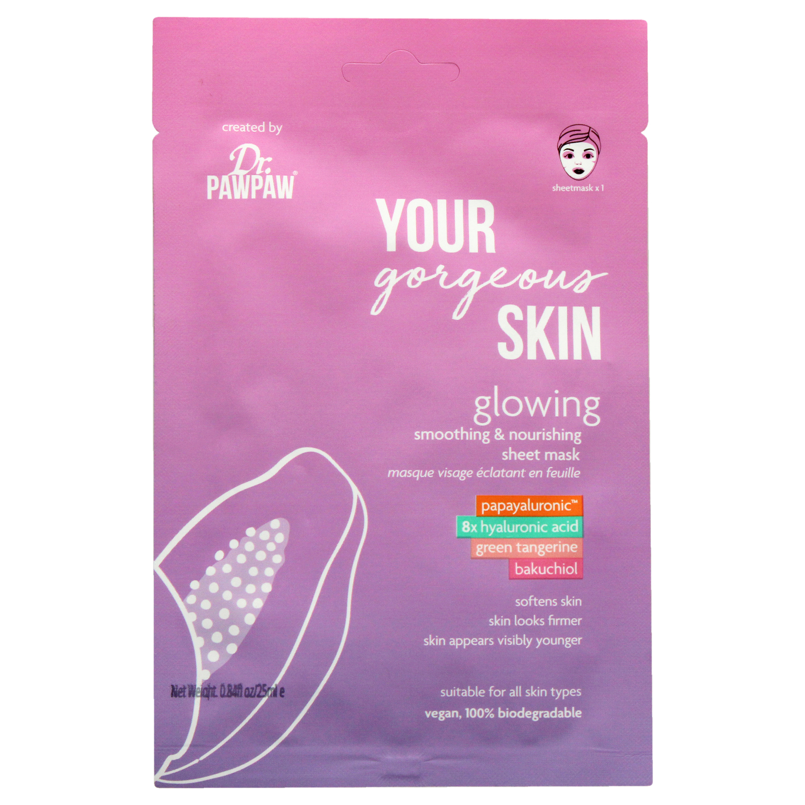 Your Gorgeous Skin Glowing Sheet Mask by Dr. PawPaw for Unisex - 0.84 oz Mask