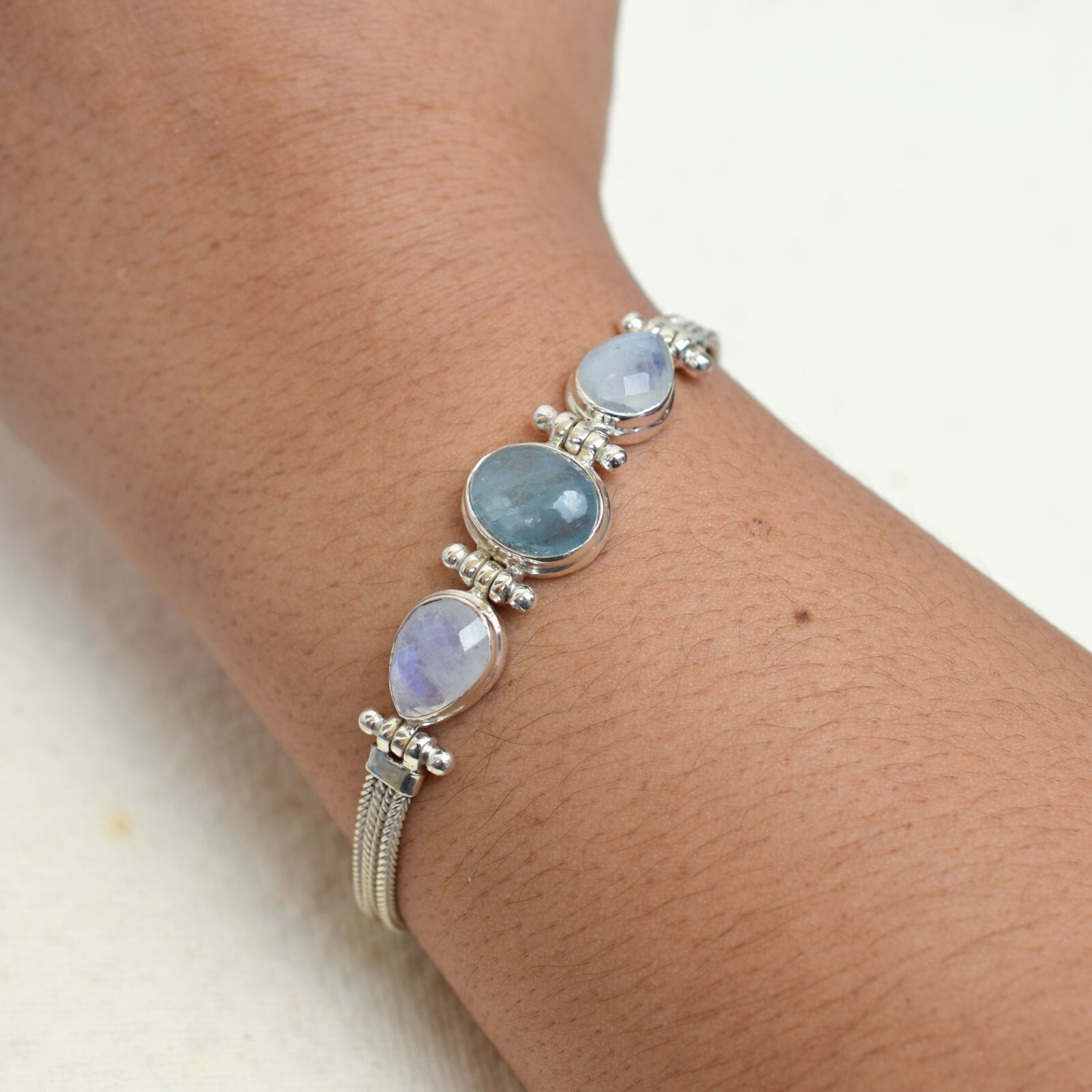 Natural Aquamarine & Moonstone Bracelet, 925 Sterling Silver Chain Bracelet-B059