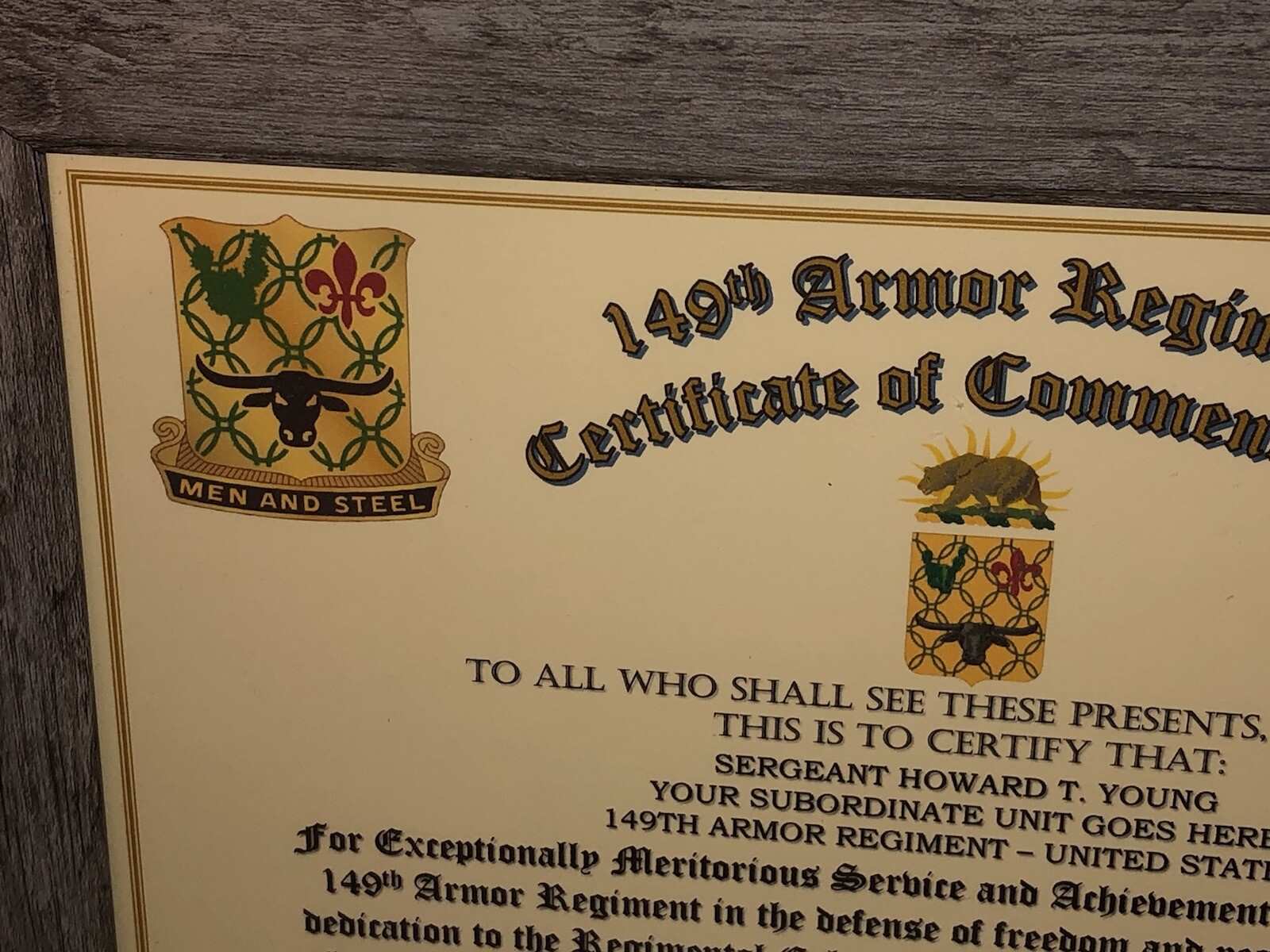 149TH ARMORED REGIMENT / COMMEMORATIVE - CERTIFICATE OF COMMENDATION