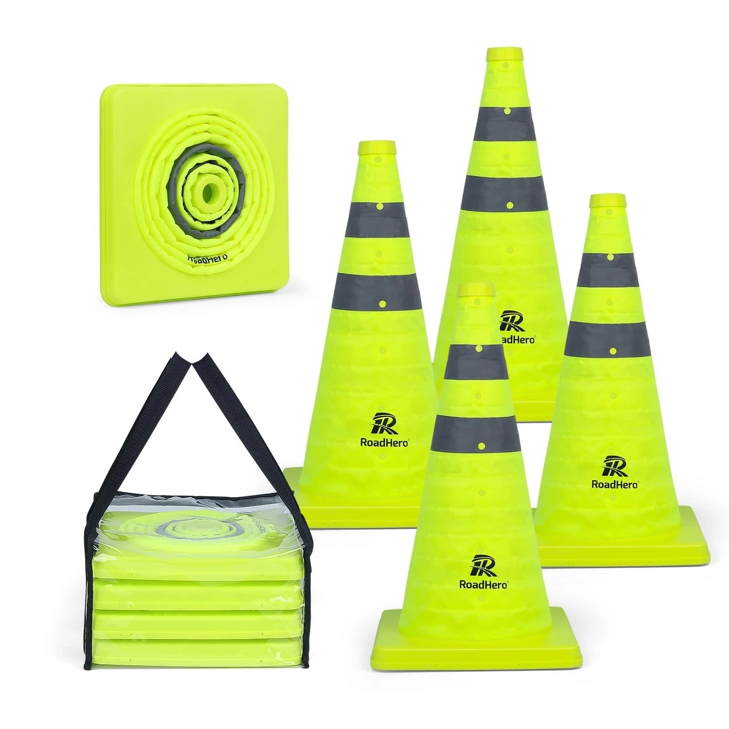 18 Inch 4 Pack Collapsible Traffic Safety Cones, Lime Green Pop-up Cones with...