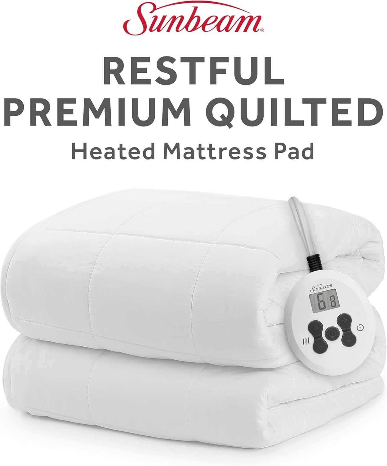 Sunbeam Electric Restful Heated Mattress Pad, 12 Heat Settings, Twin, White