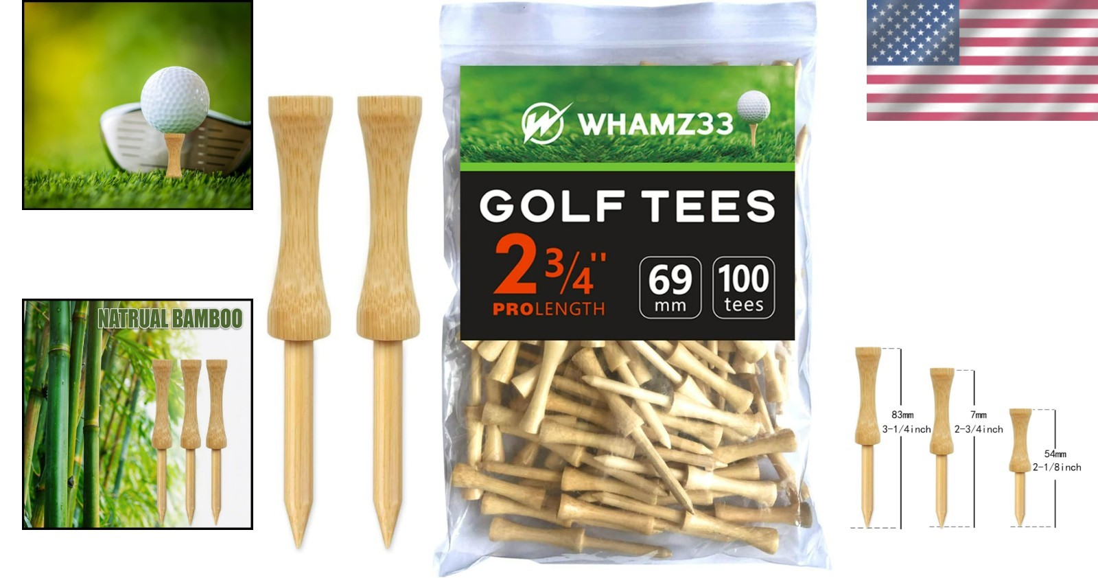 100 Pack Bamboo Step Down Golf Tees - Durable & Eco-Friendly Performance